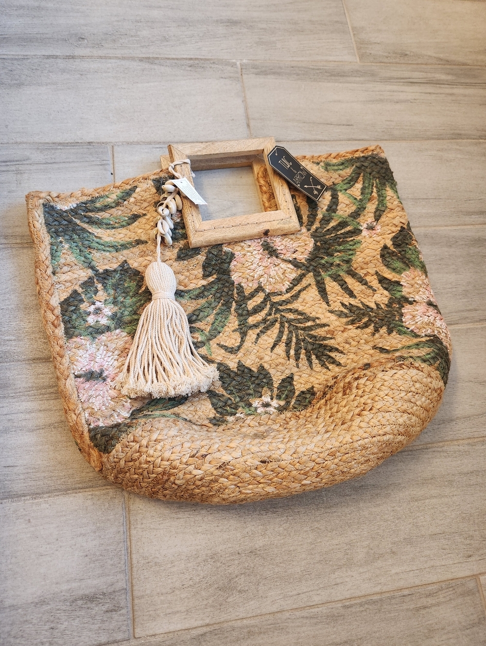 Twig & Arrow Jute Woven Tote Bag Tan Woven Tassel Floral Giant Beach Boho New$80 - Picture 4 of 14